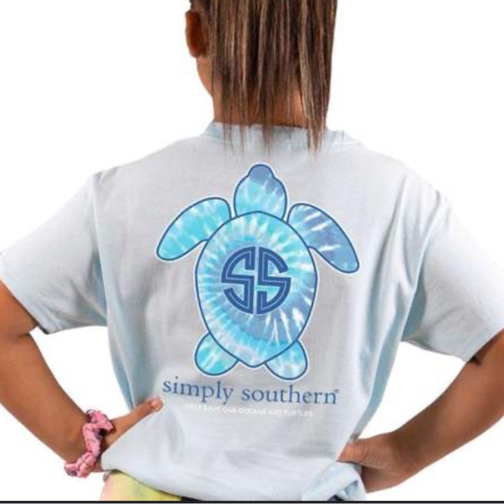 •SIMPLY-SOUTHERN•LIGHT ICE BLUE SAVE OUR OCEANS & TURTLES TIE-DYE T-SHIRT  MED.